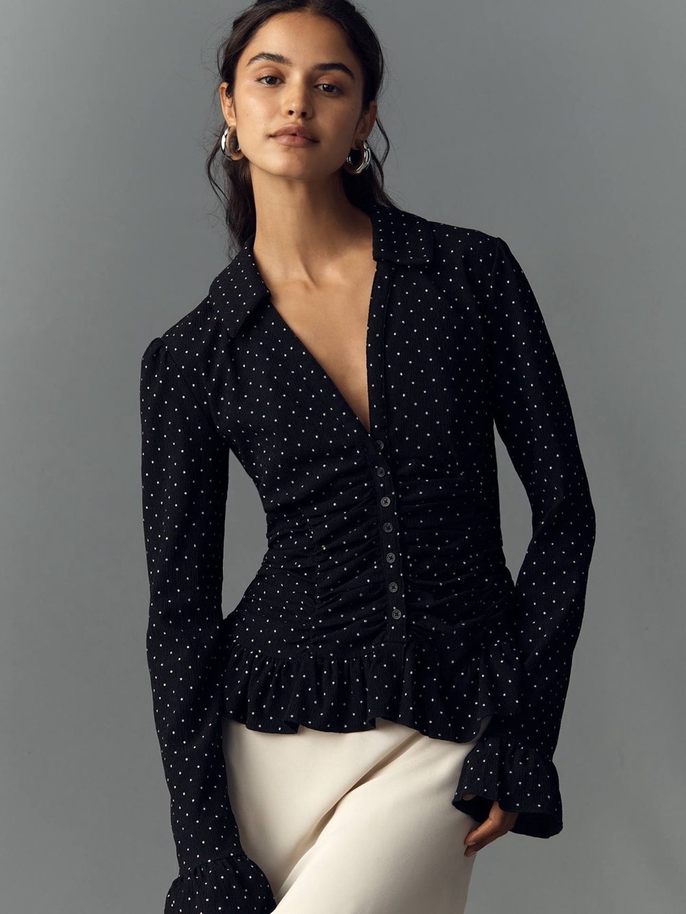Maeve Anthropologie Smocked V-Neck Ruffle Top Black Polka Dot Size M NWT